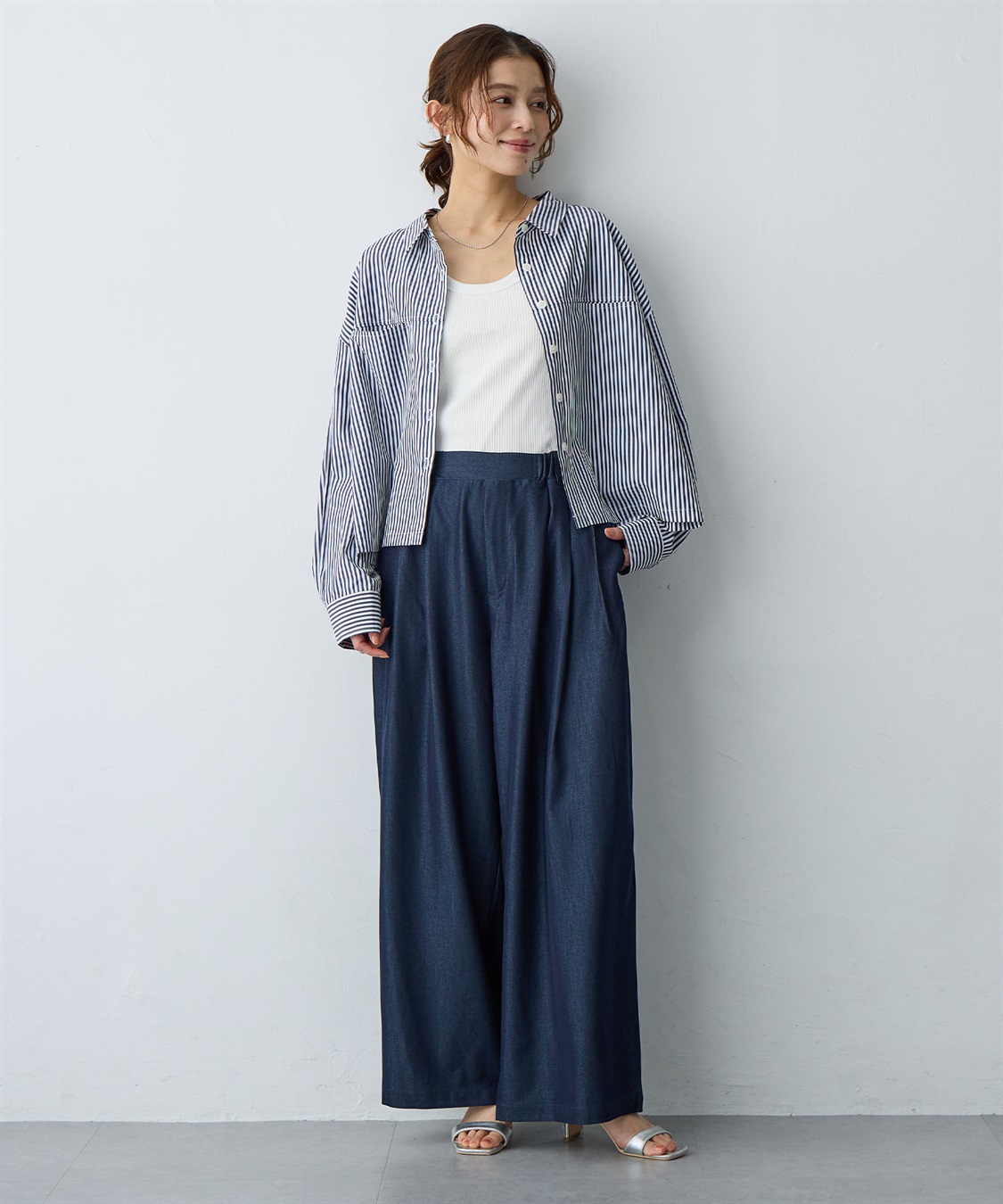 anyfee/大きいサイズ】デニムライクタック入りイージーワイドパンツ