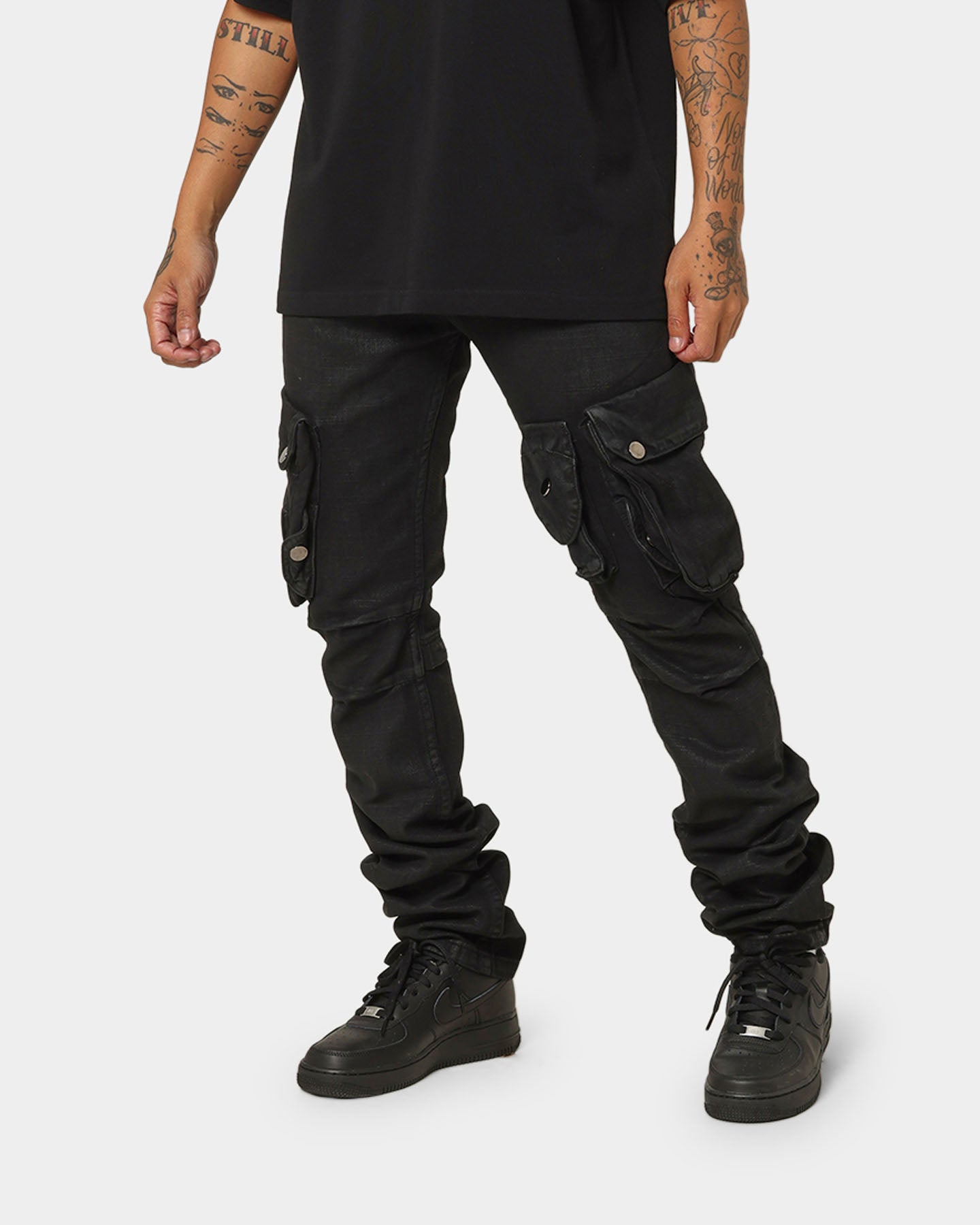 MNML Waxed Denim Cargo Pants Black | Culture Kings US