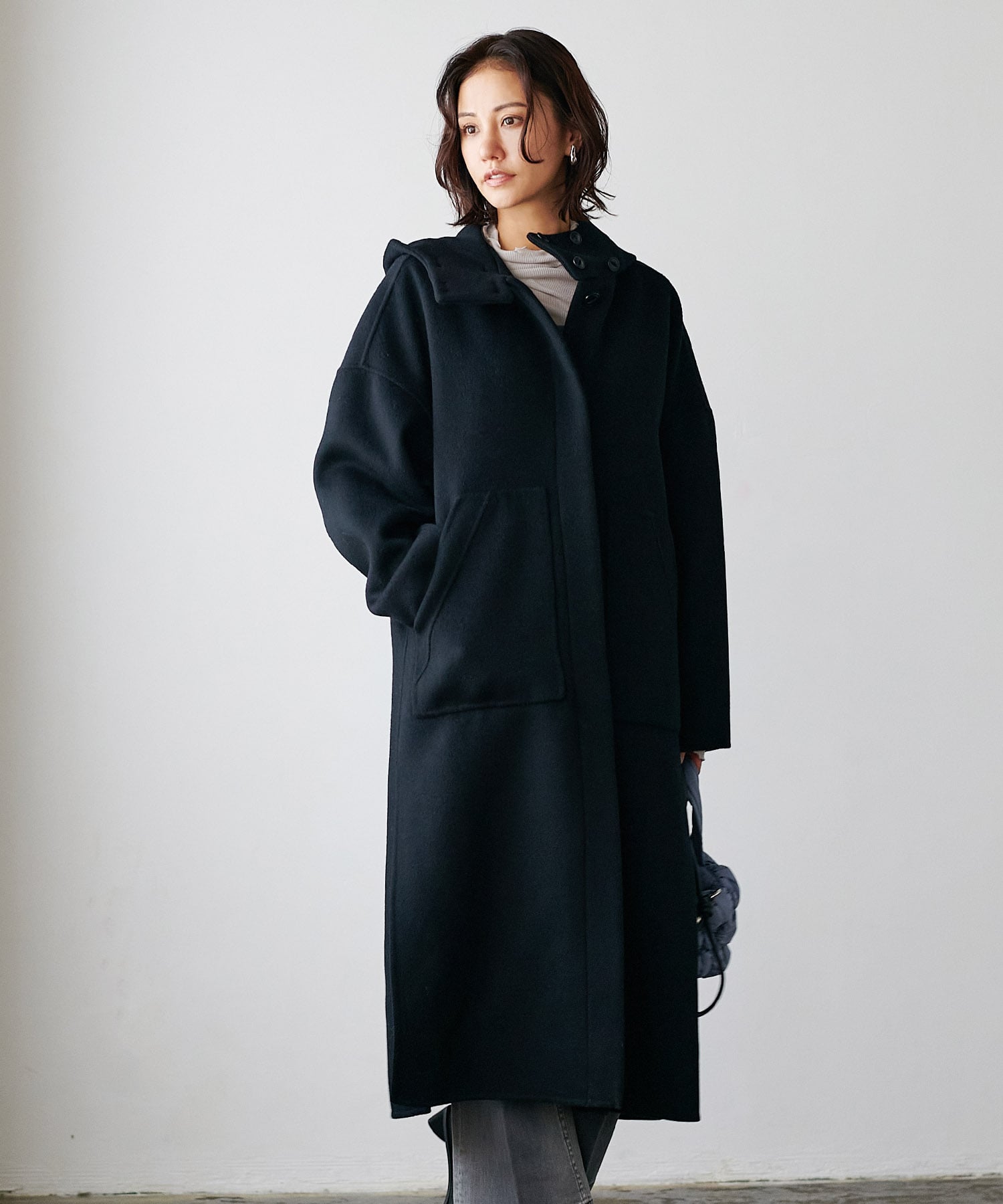 フーディリバーロングコート シャルム加工スーパー110s | AND ON JIONE
