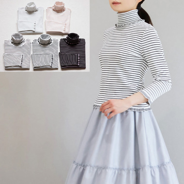 ボーダー柄 タートルネック 7分袖ストレッチプルオーバー【JM1278BD