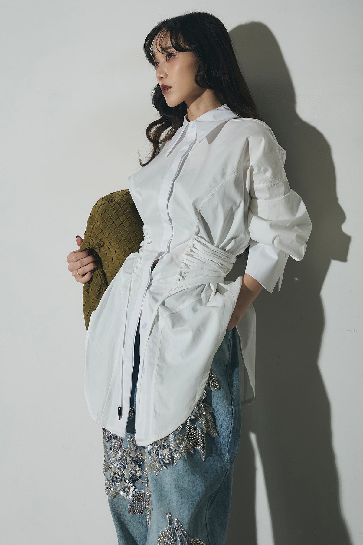 SET】ウエストレースアップブラウス+デニムビジュー刺繍パンツ