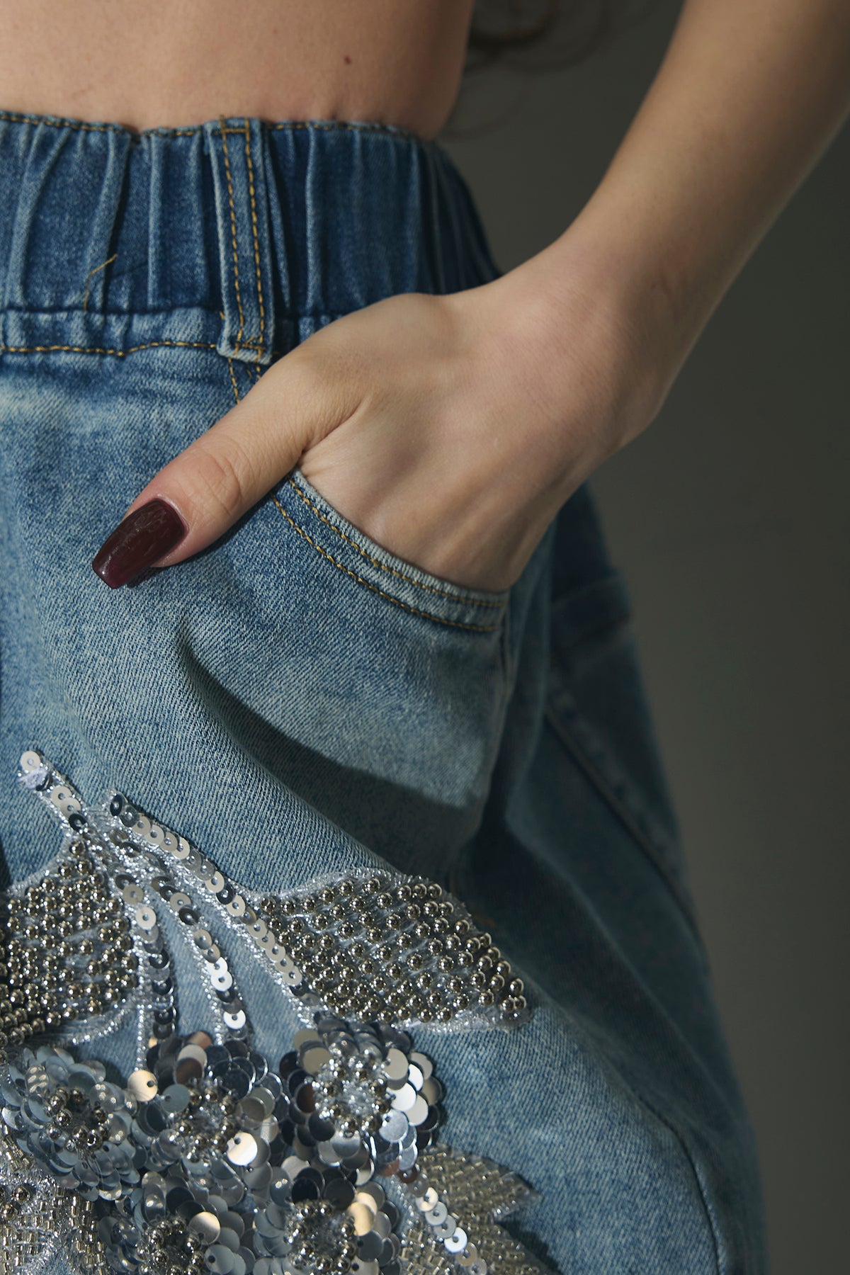 SET】ウエストレースアップブラウス+デニムビジュー刺繍パンツ