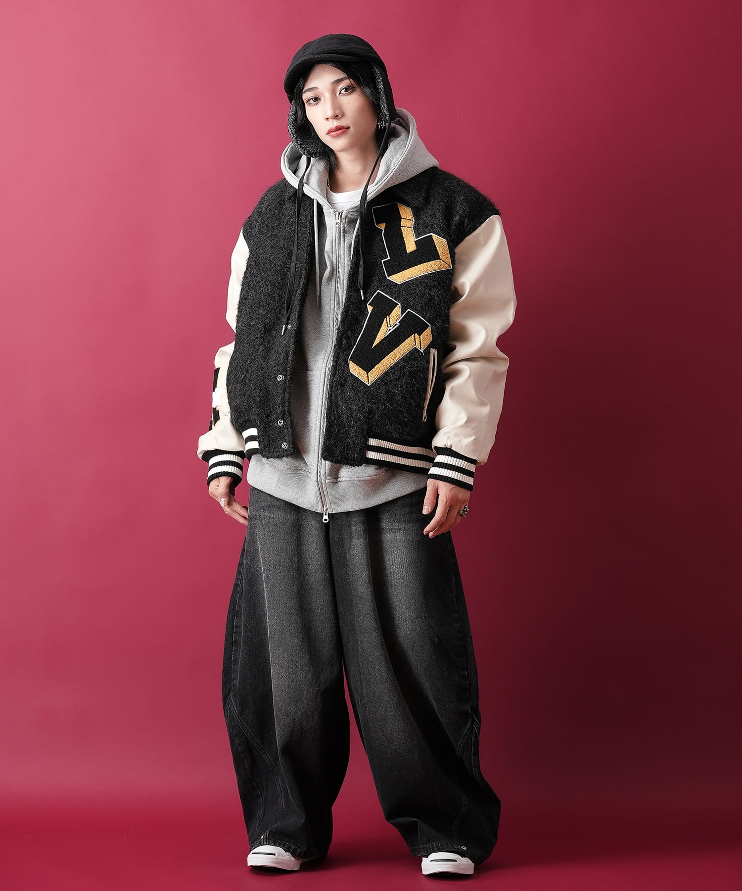 ボアファー×合成皮革コンビオーバーサイズスタジャン / メンズ