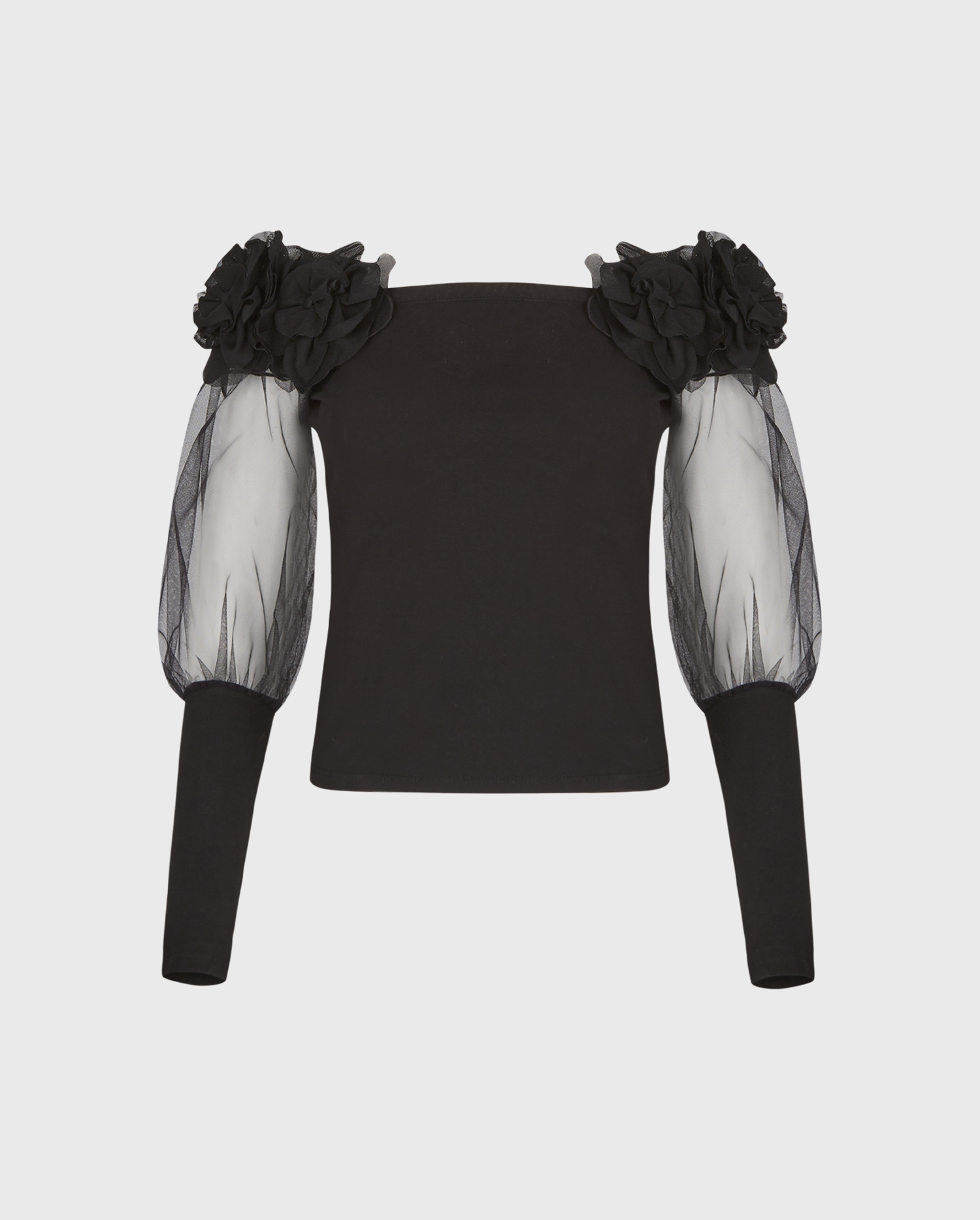 KAJA Black Off-Shoulder Top with Floral Appliqué Sleeves | ANNE