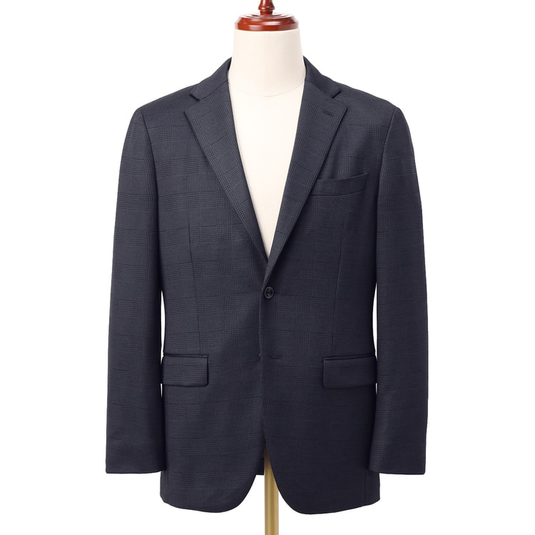 尾州ウールブレンドニットジャケット 紺グレンチェック LES MUES