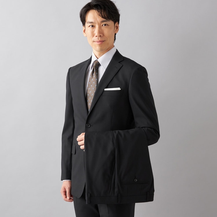 特価】【WEB限定価格】洗える ストレッチ 2パンツスーツ 黒ストライプ