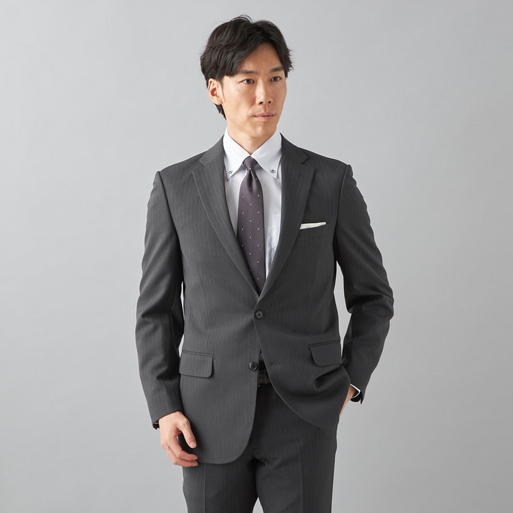 洗える ストレッチ サステナブルスーツ ミディアムグレー ヘリンボーン