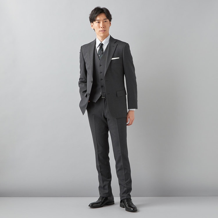 洗える サステナブル スリーピーススーツ ミディアムグレーストライプ