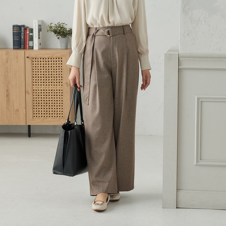 共布ベルト付ワイドパンツ 茶千鳥格子【AOKI公式通販】