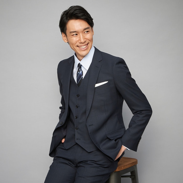 リバーシブルベスト 紺ウィンドウペン×グレー織柄ストライプ MAJI