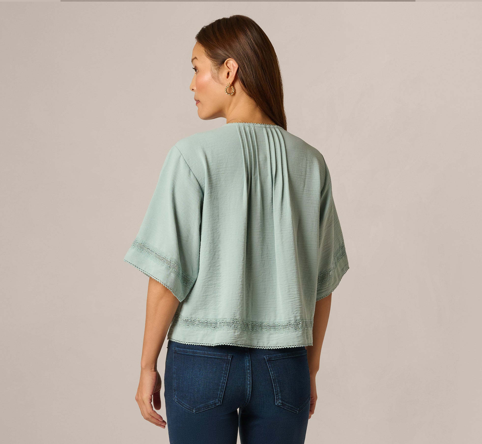 Short Sleeve Pintuck Lace Tie Front Top In Dusty Seamist