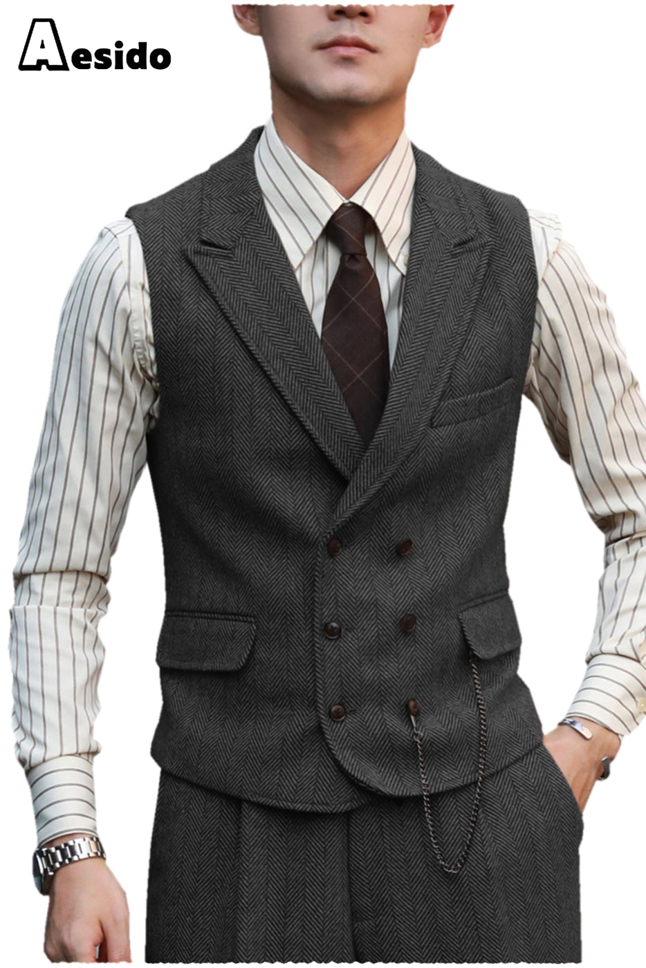 2 Pieces Double Breasted Peak Lapel Waistcoat （Vest+Pants） | Aesido