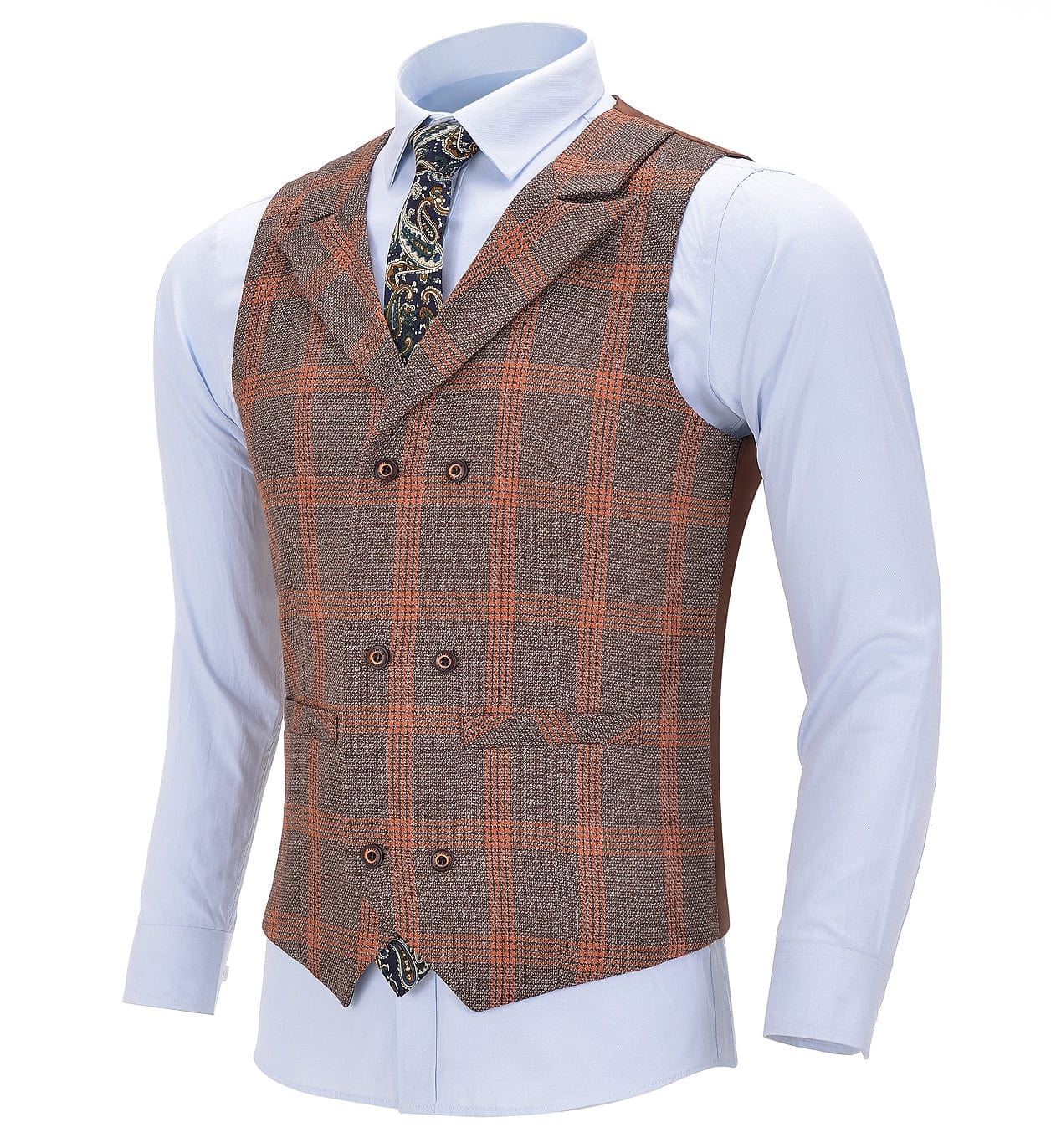 Orange Plaid Peak Lapel Waistcoat Casual Slim Fit Suit Vest | Aesido