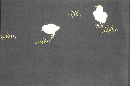 鶏とひよこの刺繍開き名古屋帯