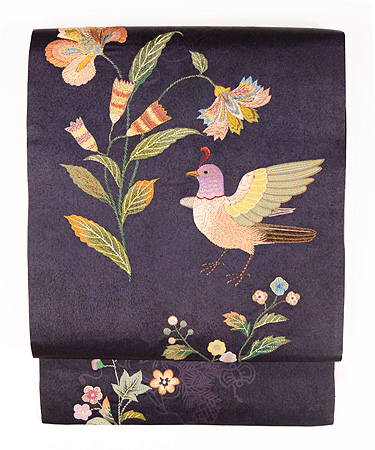 芥子の花と鳥刺繍名古屋帯