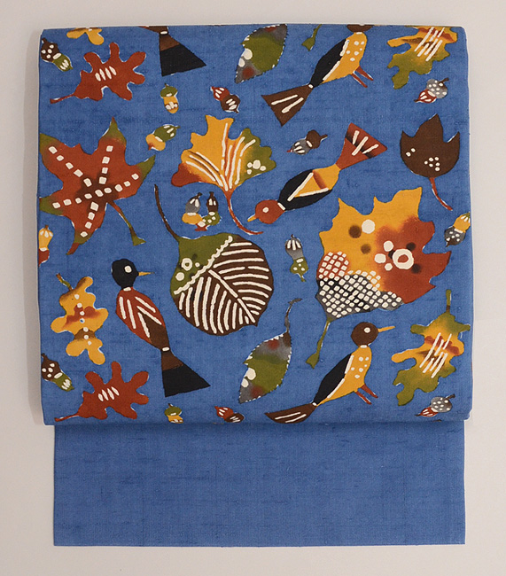 柚木沙弥郎作 鳥と落ち葉とどんぐりの型染名古屋帯