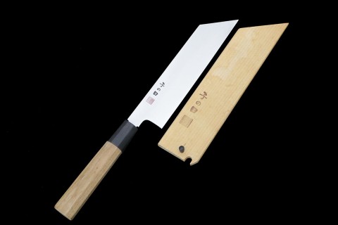 尚台刃物 柳刃包丁 八寸 上霞 青鋼 水牛黒檀八角柄 白鞘付 O938-2L3B