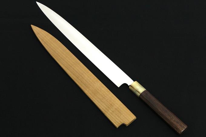 本家 柳刃包丁 尺一 334mm 本焼 両鏡面 白水牛紫檀八角柄 白鞘付 O673