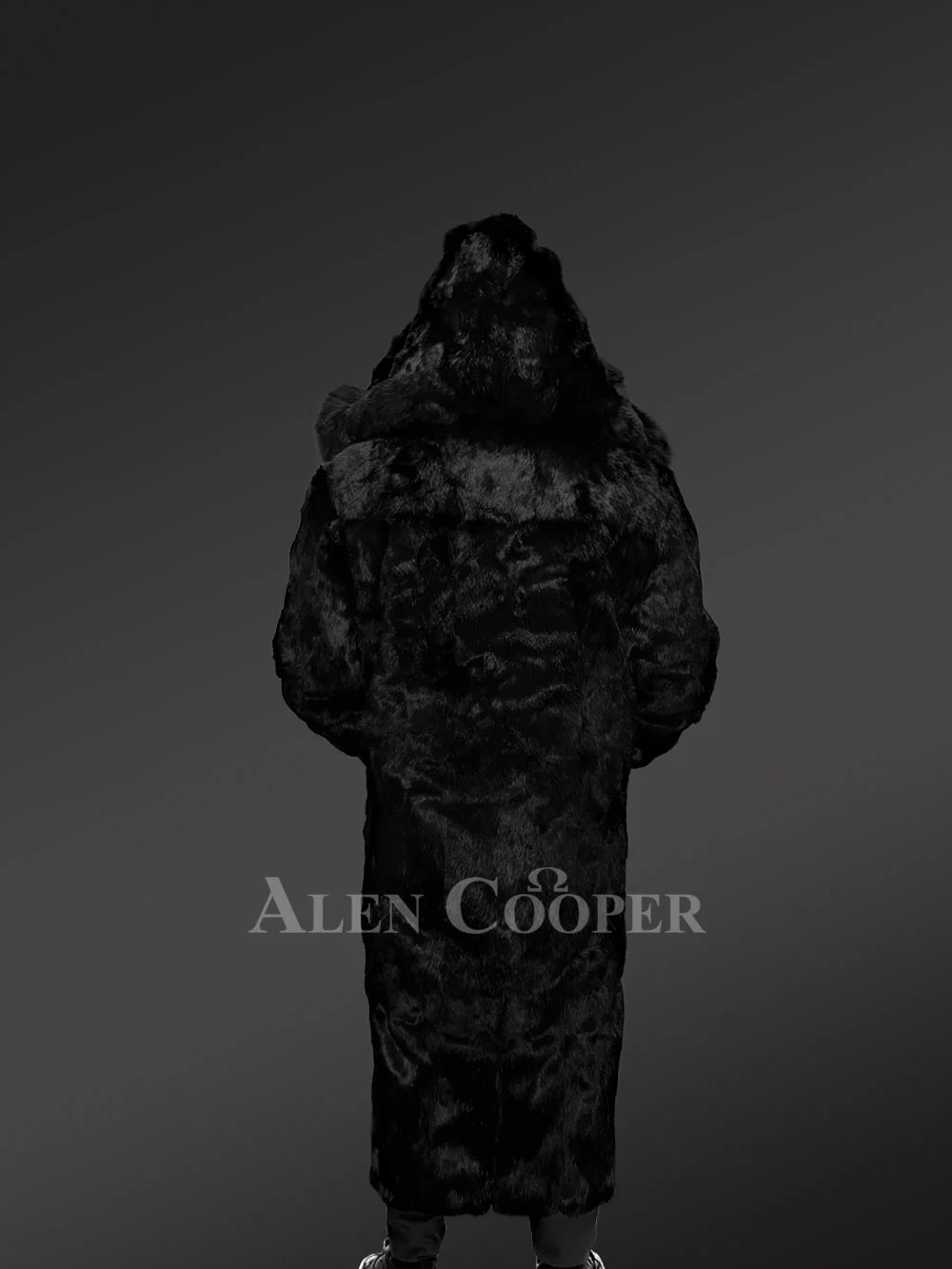 Long Black Rabbit Fur Coat with a Hood