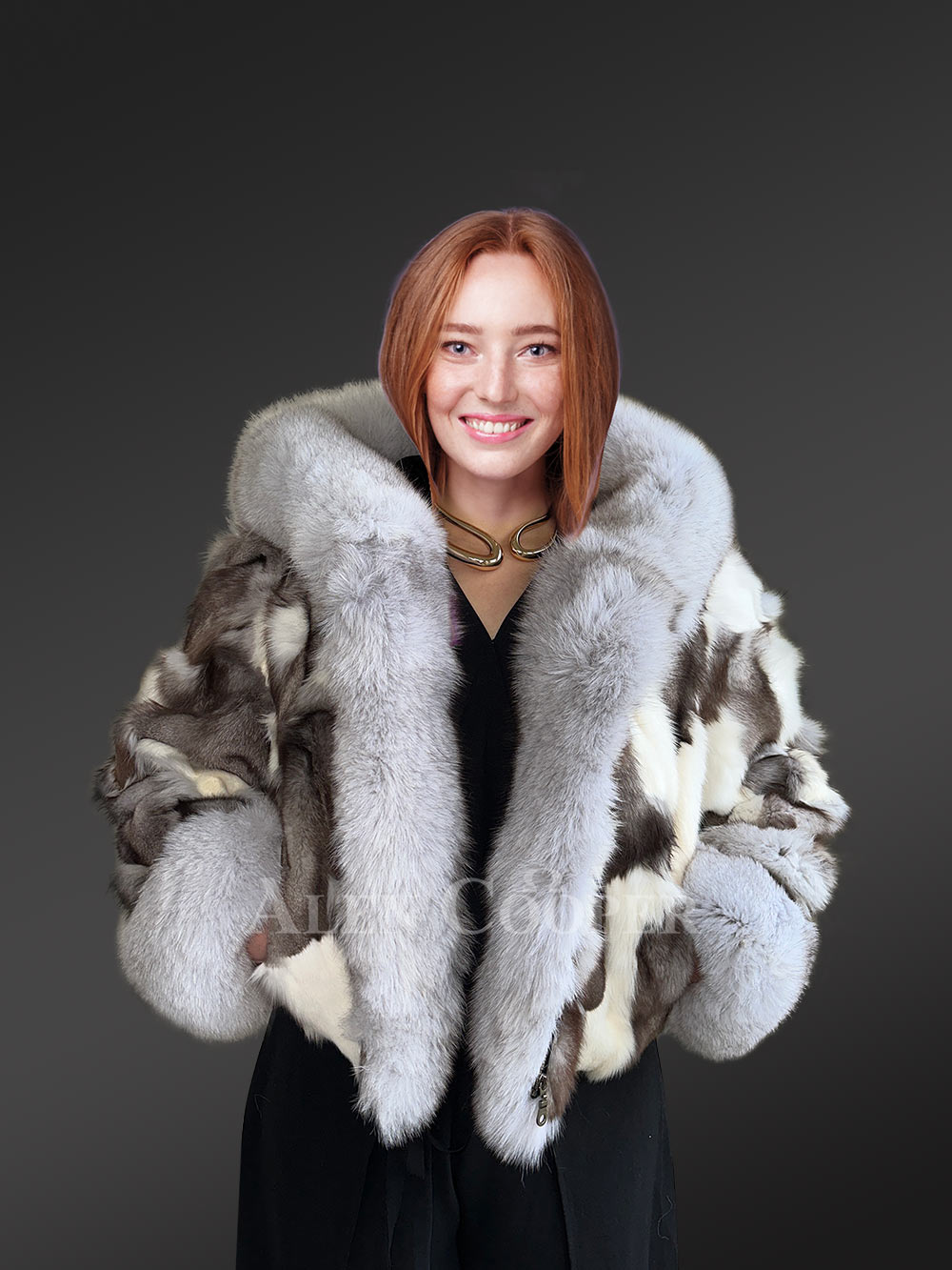 Womens Fox Fur Patterned Jacket with Stylish Hood and Cuffs
