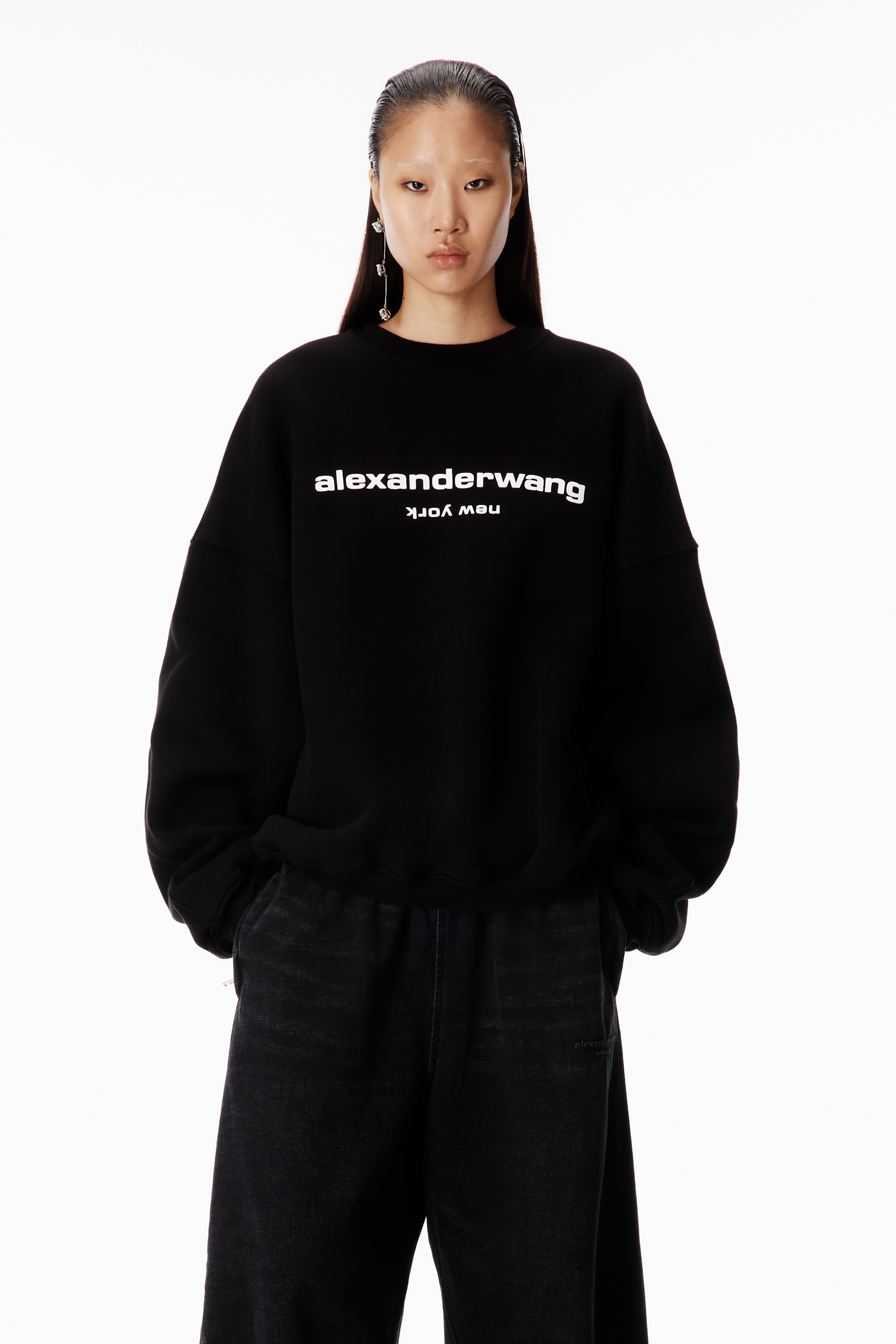 Puff Logo Crewneck Sweatshirt in BLACK | alexanderwang®