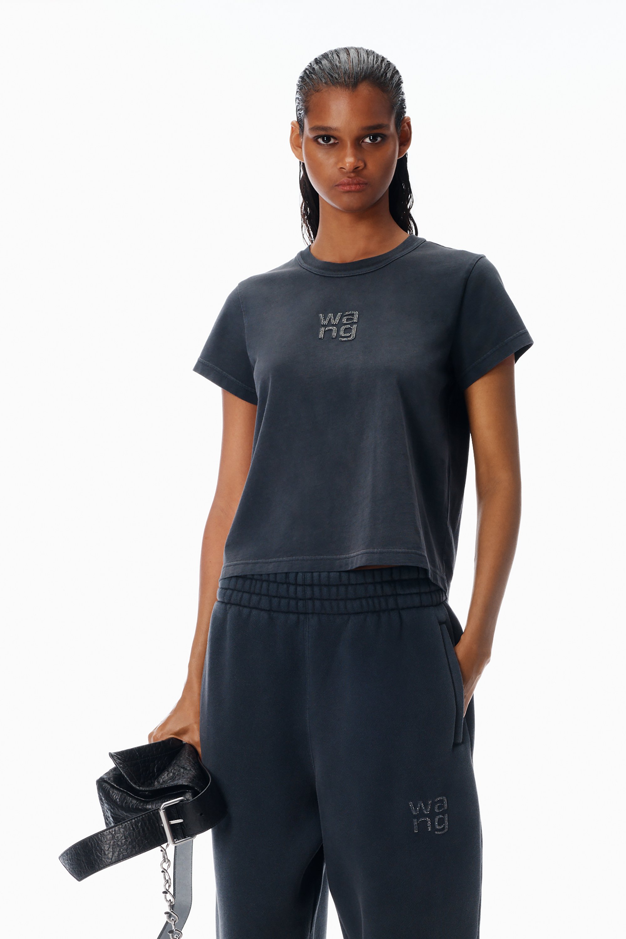 Crystal Hotfix Logo Jersey Shrunken in WASHED BLACK | alexanderwang®