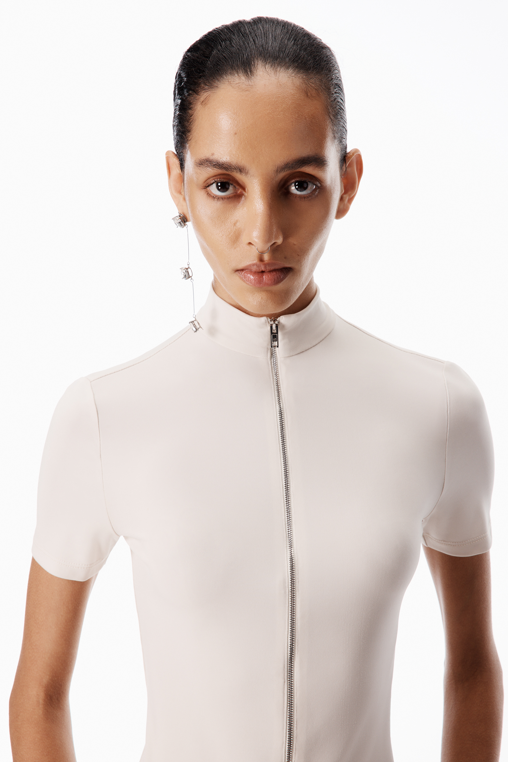 Rashguard Mock Neck Short Sleeve Top in IVORY | alexanderwang®