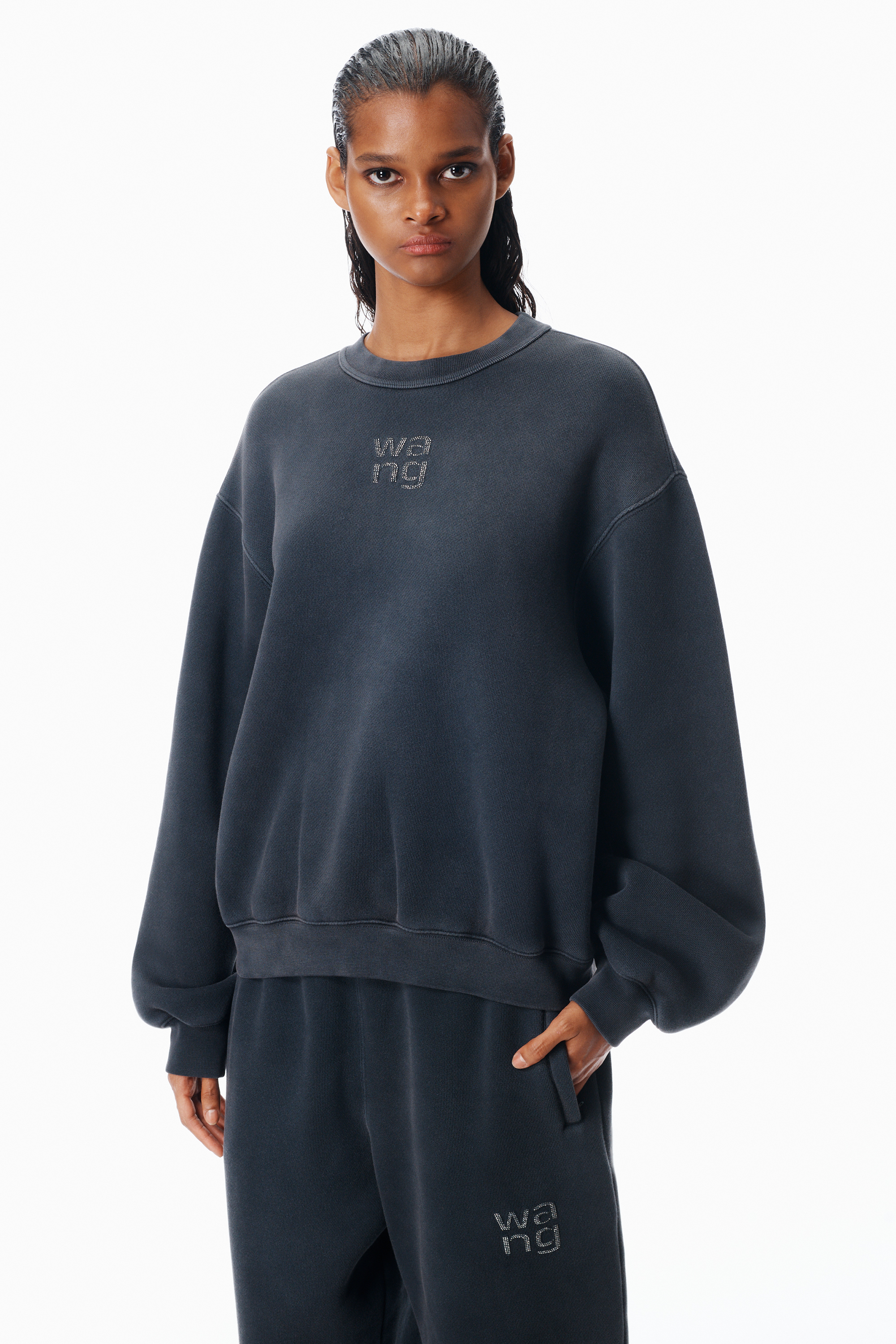 Crystal Hotfix Logo Sweatshirt in WASHED BLACK | alexanderwang®