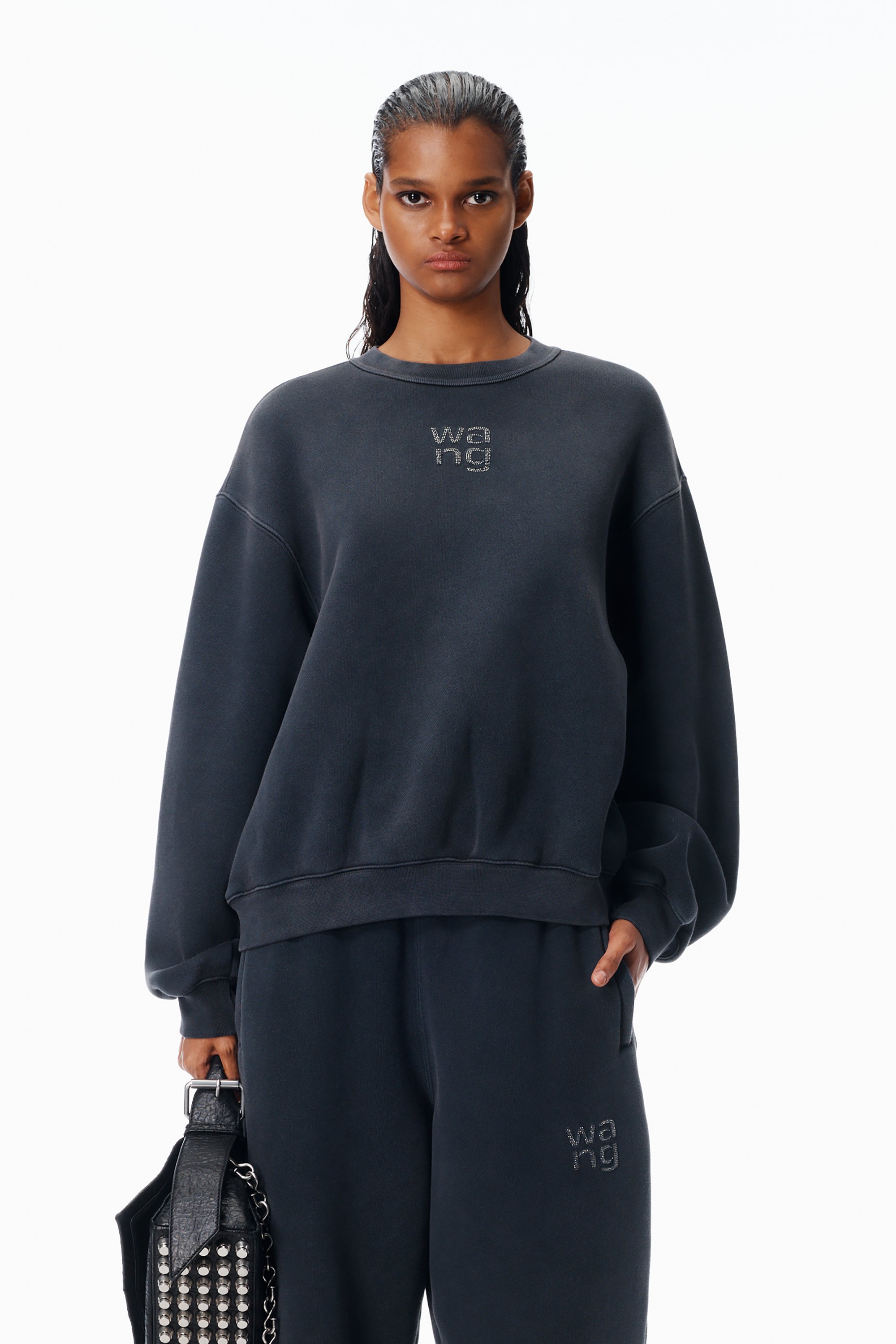 Crystal Hotfix Logo Sweatshirt in WASHED BLACK | alexanderwang®