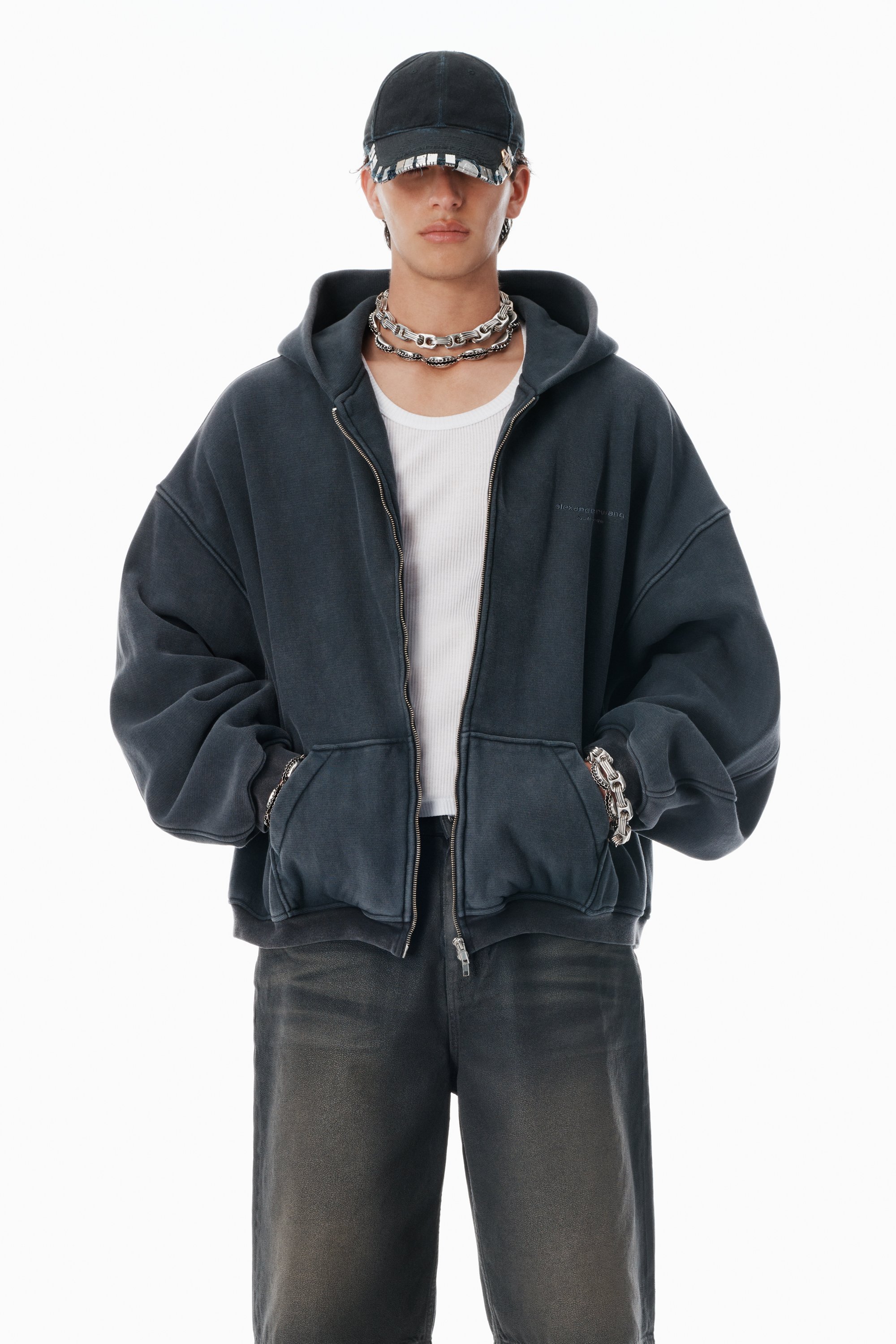Black Cotton Logo Zip-Up Hoodie in WASHED BLACK | alexanderwang®