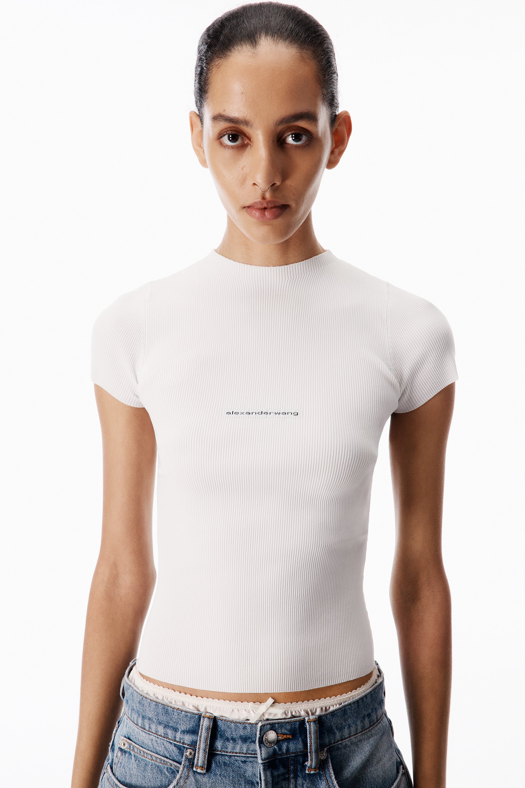 Jacquard Logo Short Sleeve Crewneck in WHITE | alexanderwang®