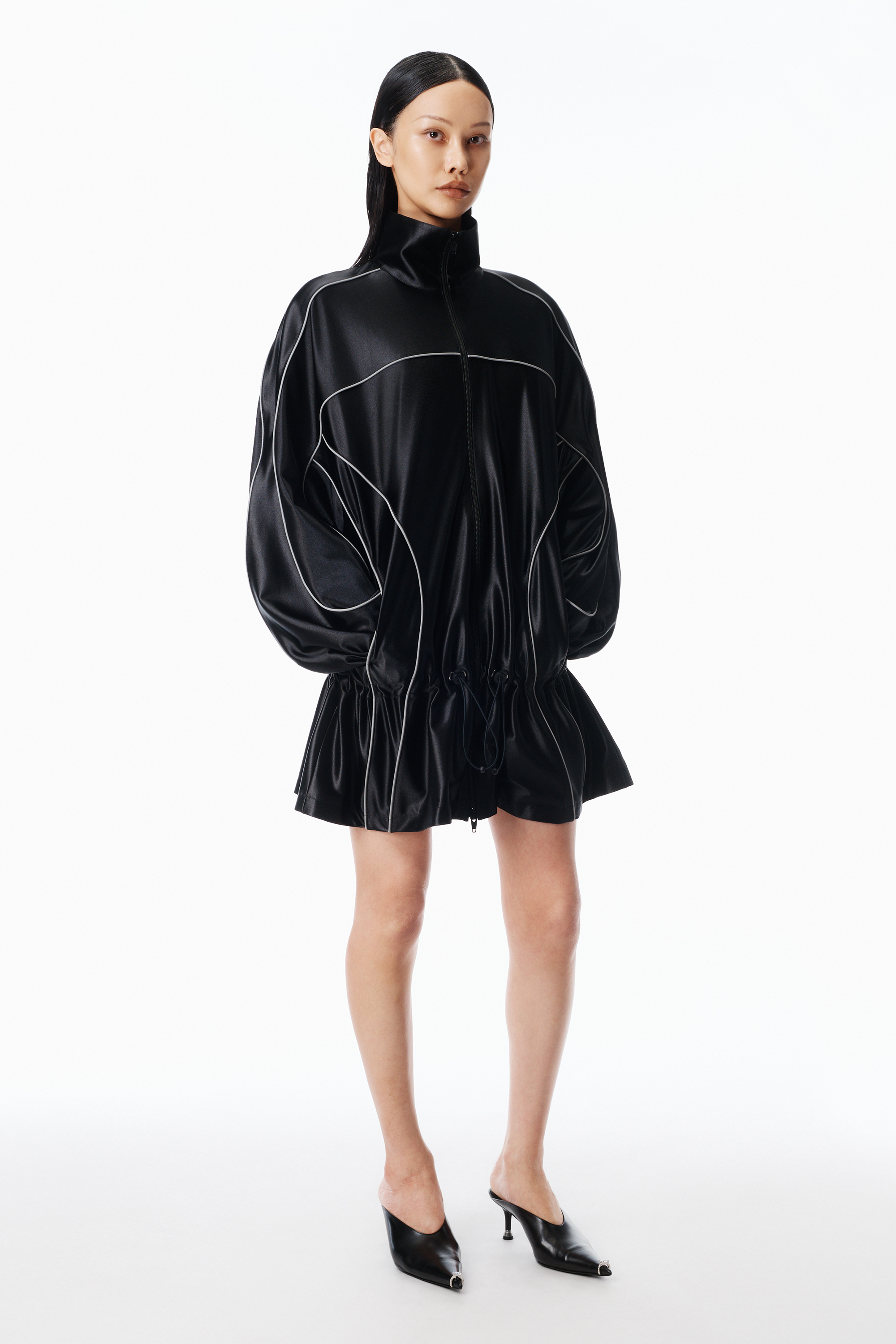 Drop Waist Parka Dress With Reflective Piping in BLACK