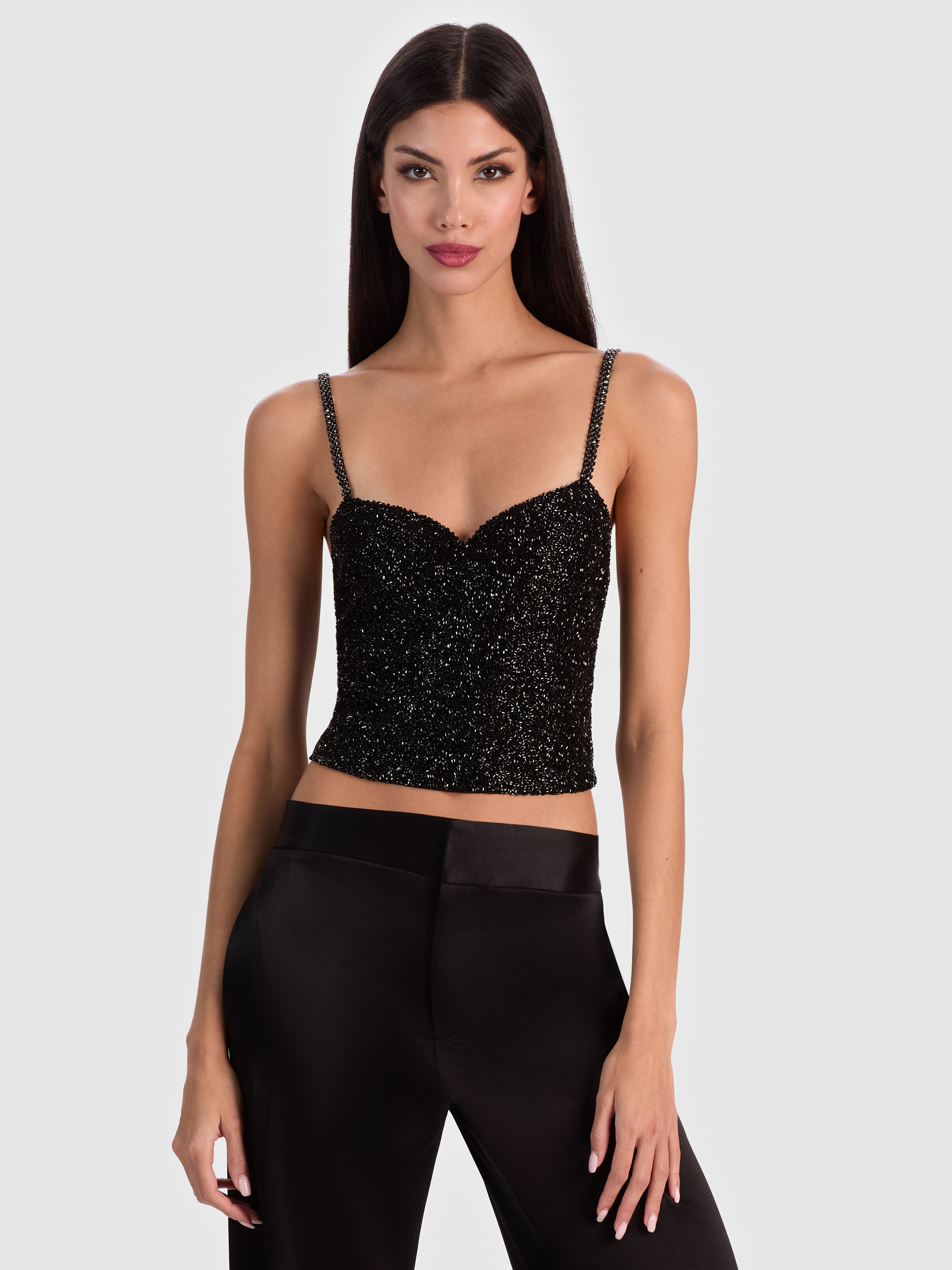 NINA EMBELLISHED BUSTIER TOP in BLACK | ALICE + OLIVIA