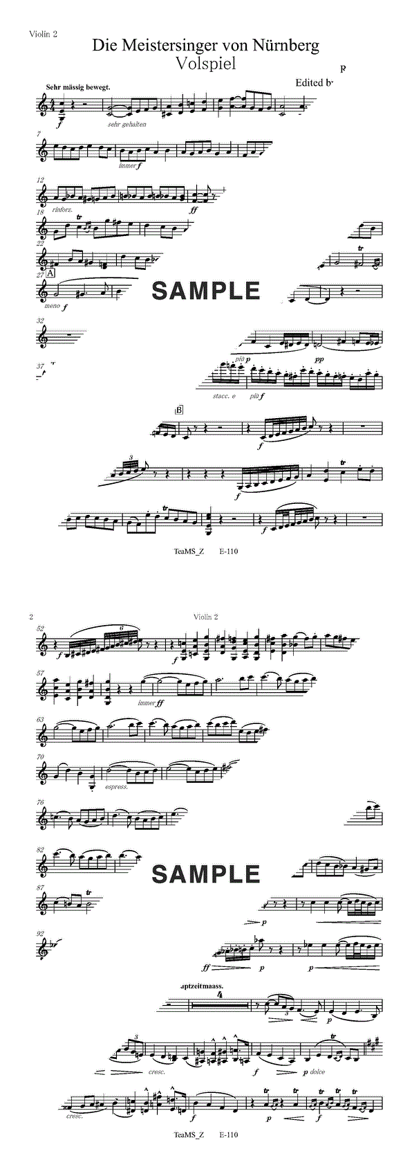 楽譜】オペラ「ニュルンベルクのマイスタージンガー」前奏曲（Violin 2