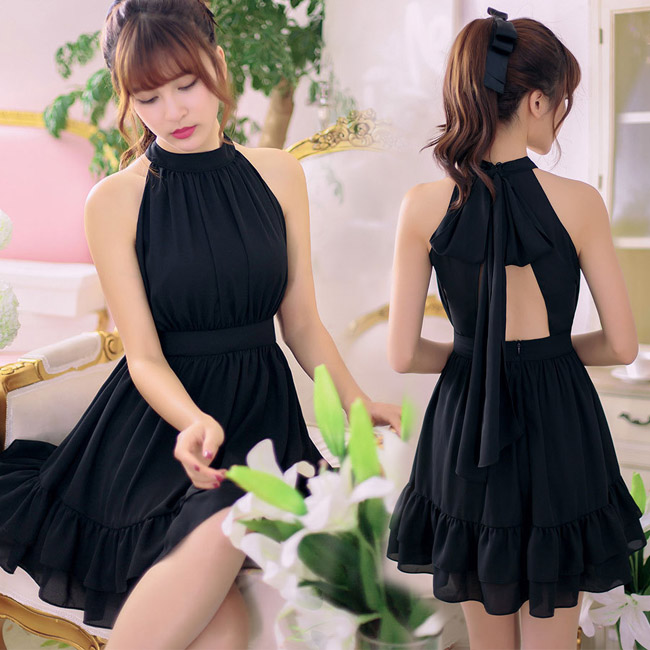 ラブティックボンボン スリットショルダーブラックミニワンピース