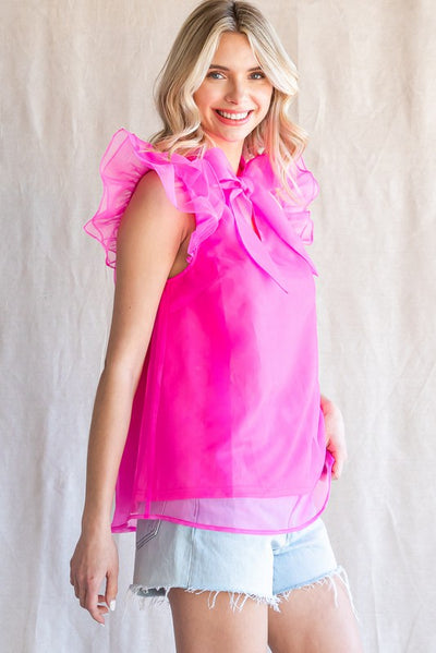 Organza Ribbon-Tie Neck Top Hot Pink - Southern Fashion Boutique Bliss