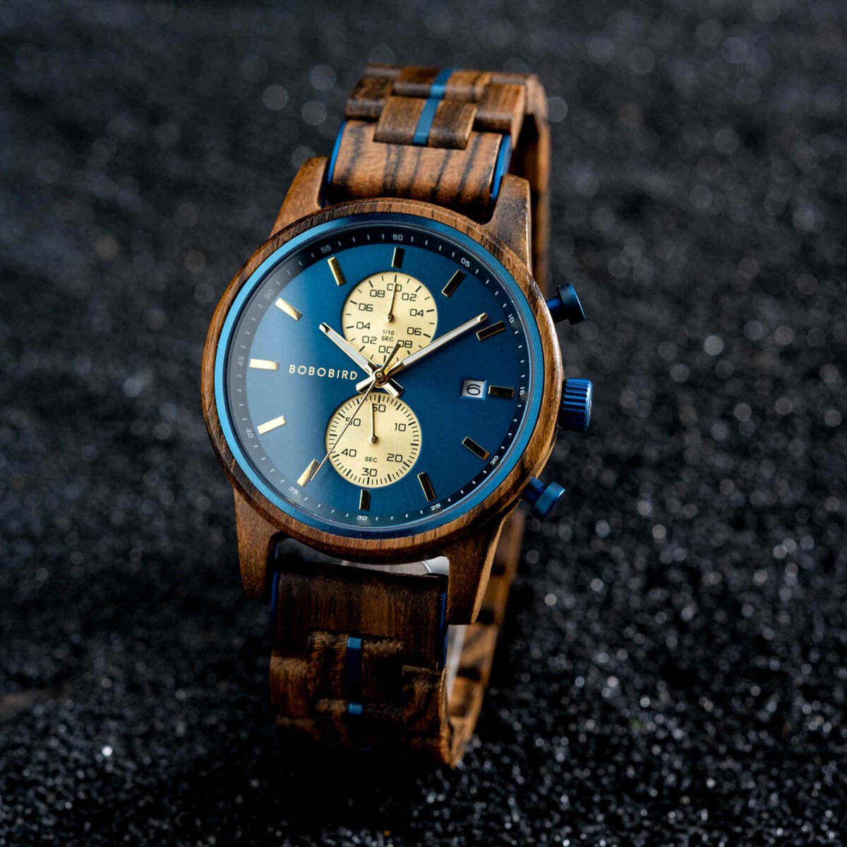 Men's Wooden Watches Classic Wenge Wood Blue Chronograph GT116-2