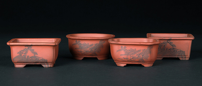 瀬戸焼文山窯朱泥絵付鉢4点セット | 盆栽、盆栽書籍、盆栽鉢の通販