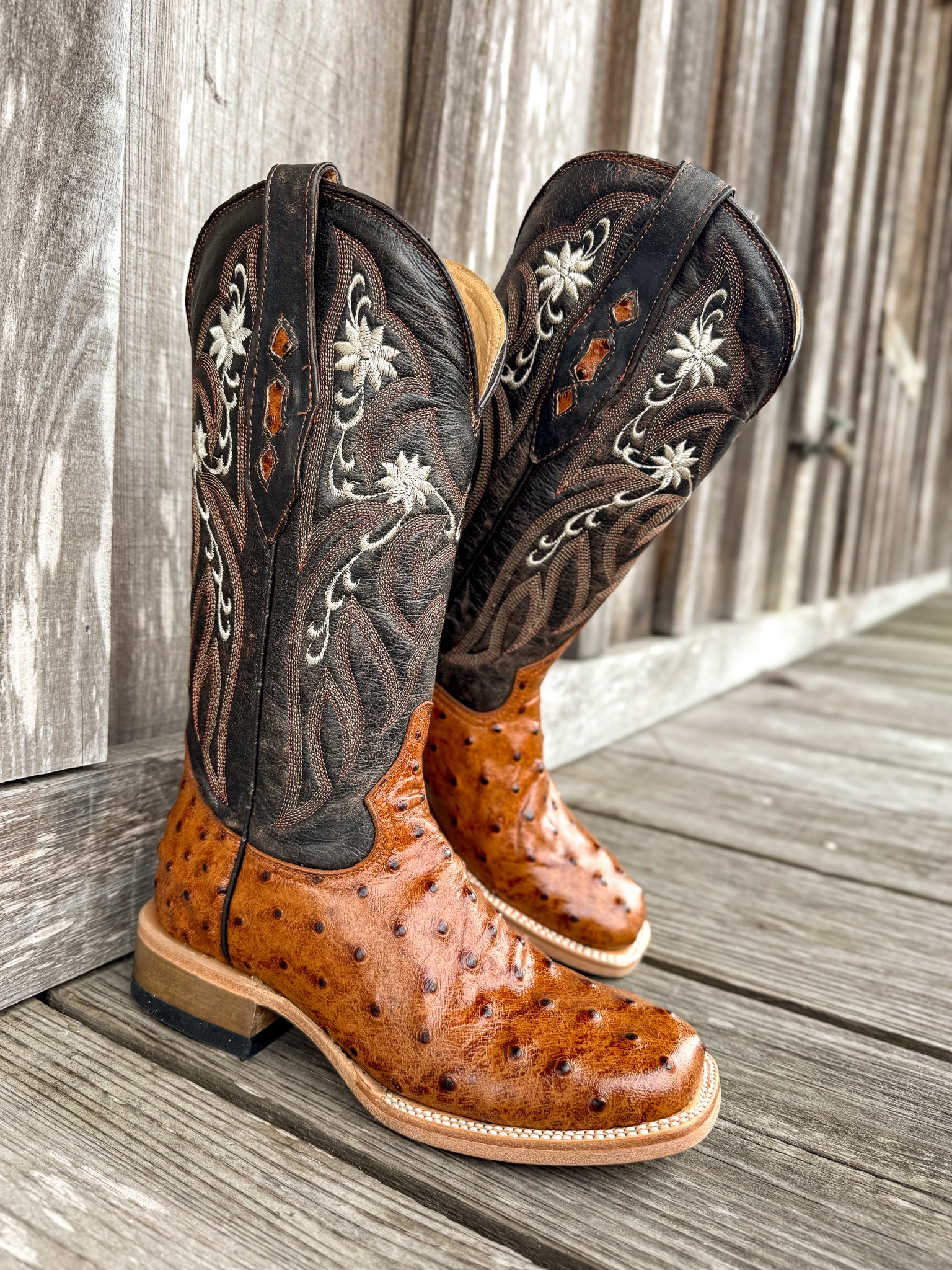 Cowtown Women's Full Quill Ostrich Print Square Toe Boots in