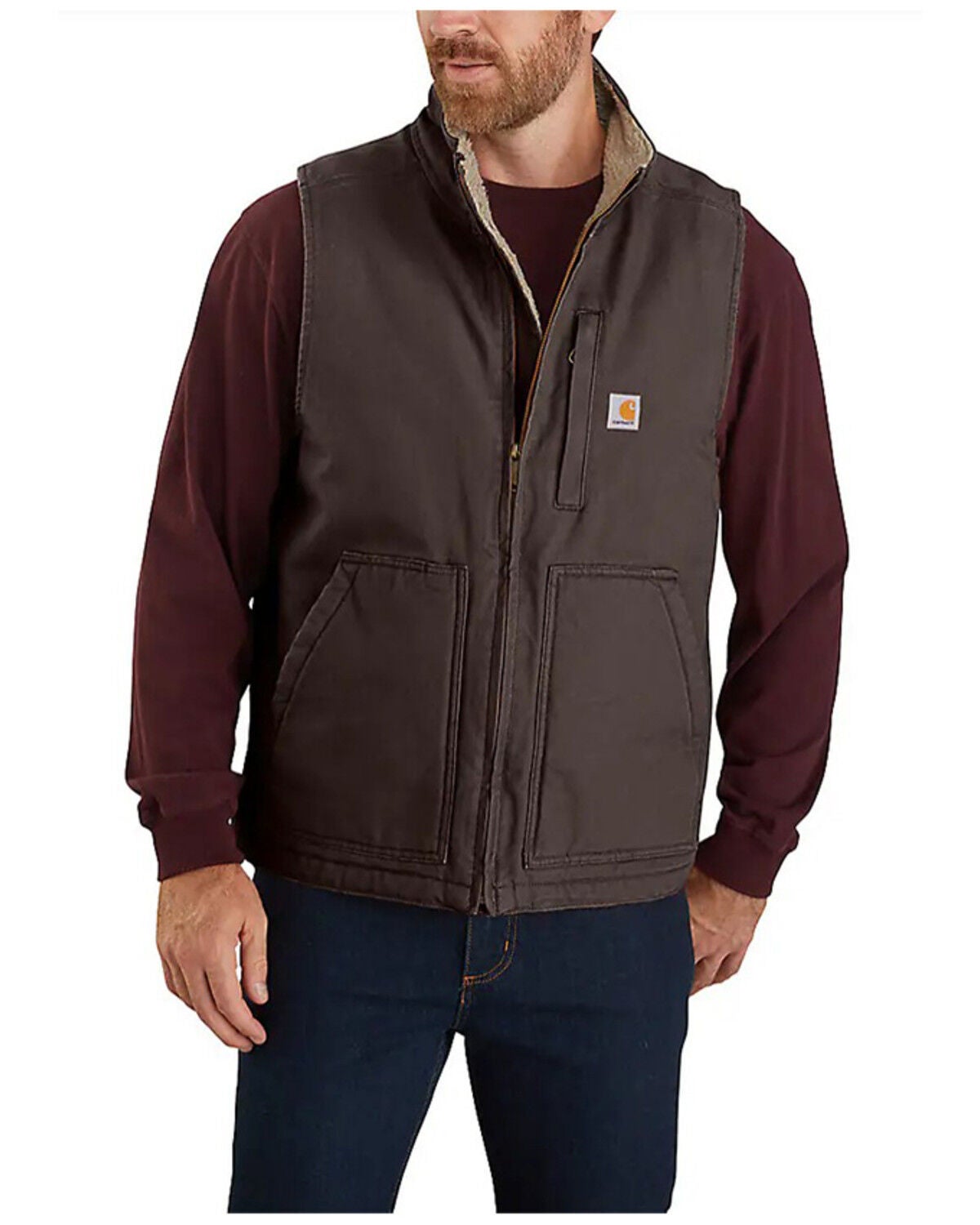 Carhartt Men's Dark Brown Washed Duck Sherpa Lined Mock Neck Loose