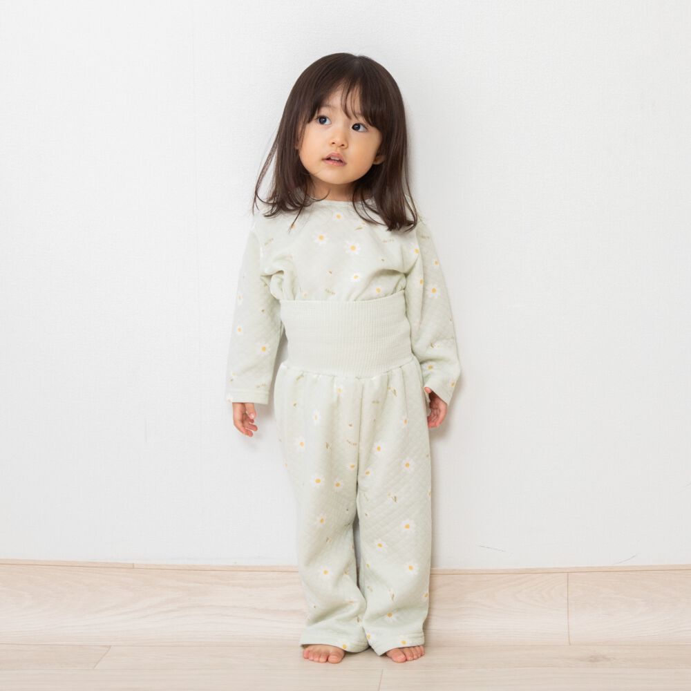 長袖腹巻付きパジャマ ニットキルト デイジー柄 ミントグリーン×80cm