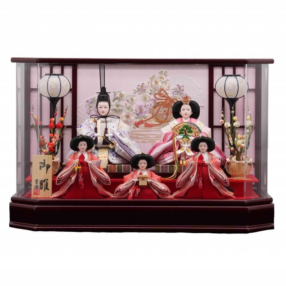 雛人形】ケース飾り 五人飾り「格子に毬桜刺繍 六角アクリル」 (322988