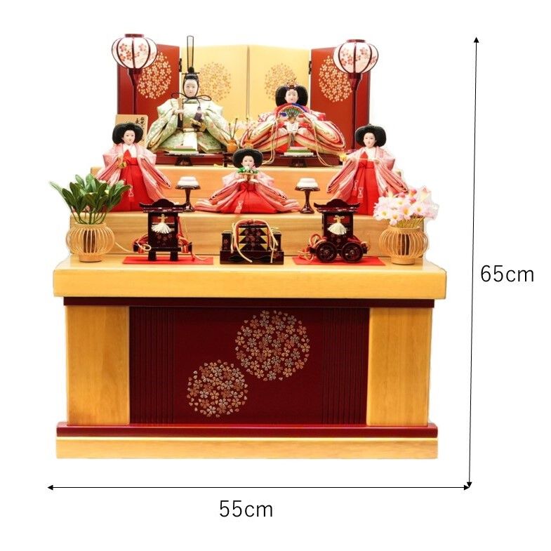 雛人形】三段収納五人飾り「花てまり木目調」 (606825)ひな人形