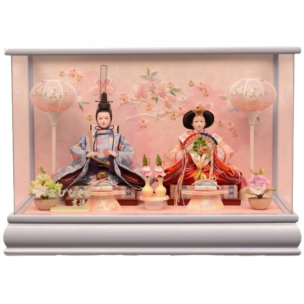 雛人形】ケース飾り 親王飾り「桜露芝刺繍水色アクリル 」 (322564