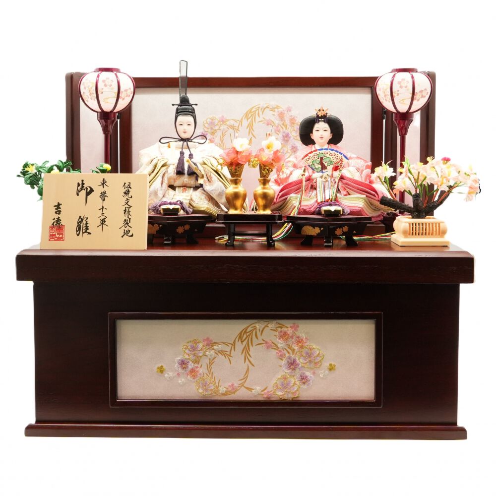 雛人形】収納飾り 親王飾り「八重桜刺繍木目ブラウン」 (605858