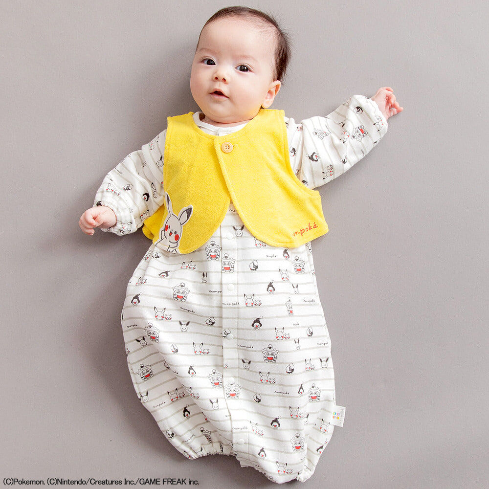 モンポケ ピカチュウ 新生児2WAYドレス ベスト付き (イエロー×50-70cm
