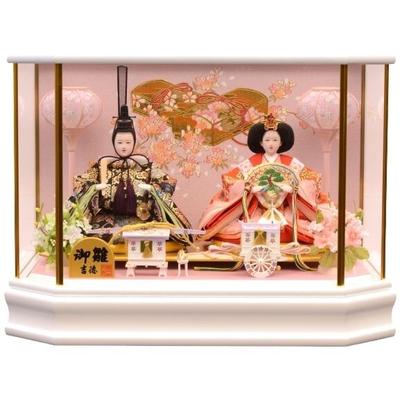 雛人形】ケース飾り 親王飾り「金彩桜に玉手箱白塗六角」 (322347