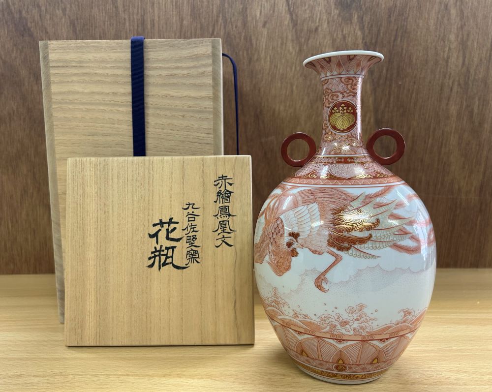 福島武山 作】九谷焼 名工 『赤絵 江戸まつり』 九谷佐野窯 花瓶 共布