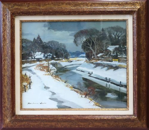 塗師祥一郎 ぬししょういちろう 雪の湖畔 F10 油彩 額装 箱付 黄布袋