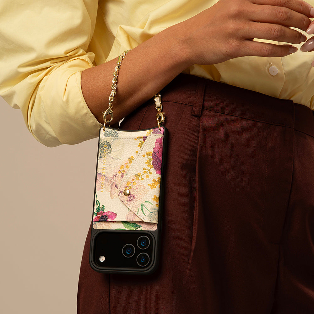 Lily Side Slot Leather Crossbody Bandolier - Ceci Ivory Floral/Gold